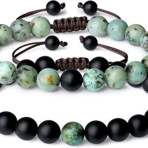 Matching Couples Bracelets African Turquoise Onyx Stone Adjustable Nylons